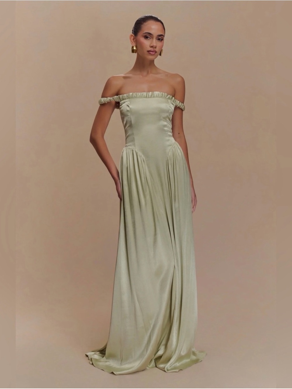 Meshki Coco off-shoulder sage green gown
